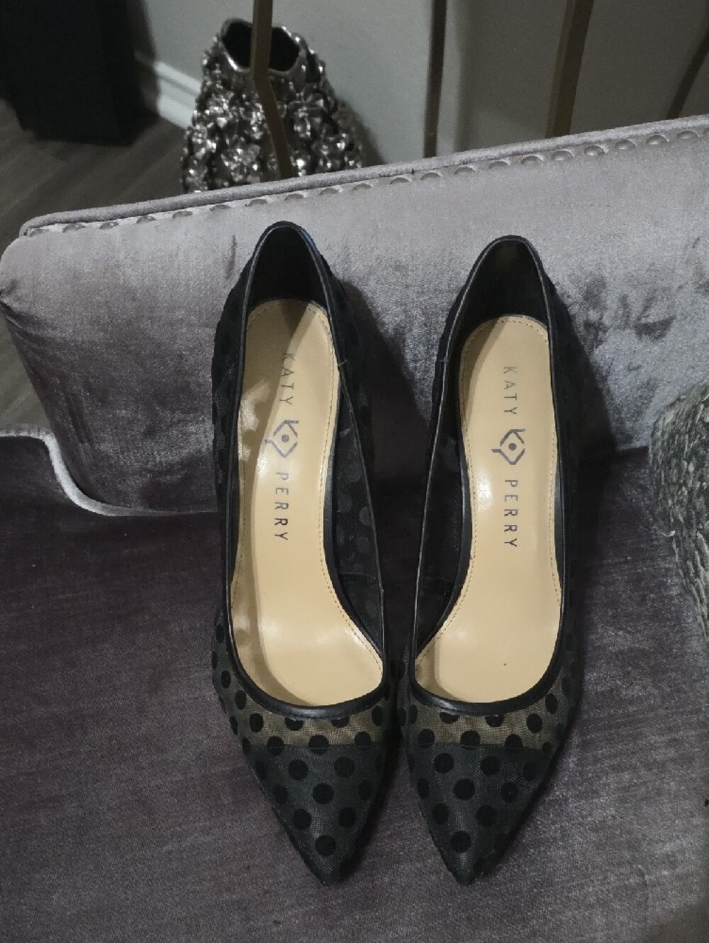 Katy Perry Collections Black Polka Dot Mesh Pointed Stiletto Pumps - Picture 2 of 3